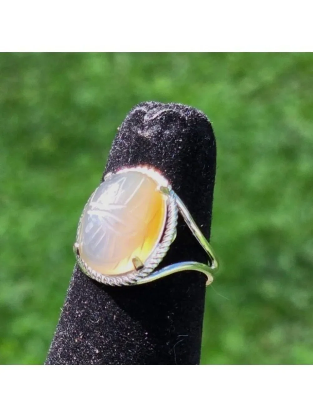 MCM Burt Cassell Scarab beetle ring stone 12K White GF Egyptian revival VTG 5.5